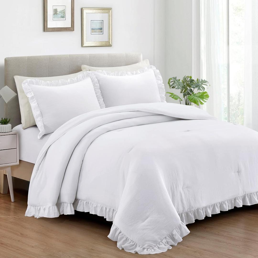 Bonlino Bed Bedding Comforter Set King - 3 Pieces Farmhouse Comforter Set, Ruffle Fluffy Boho Bedding Set Bedroom Comforter & 2 Ruffled Pillow Shams (King, White)