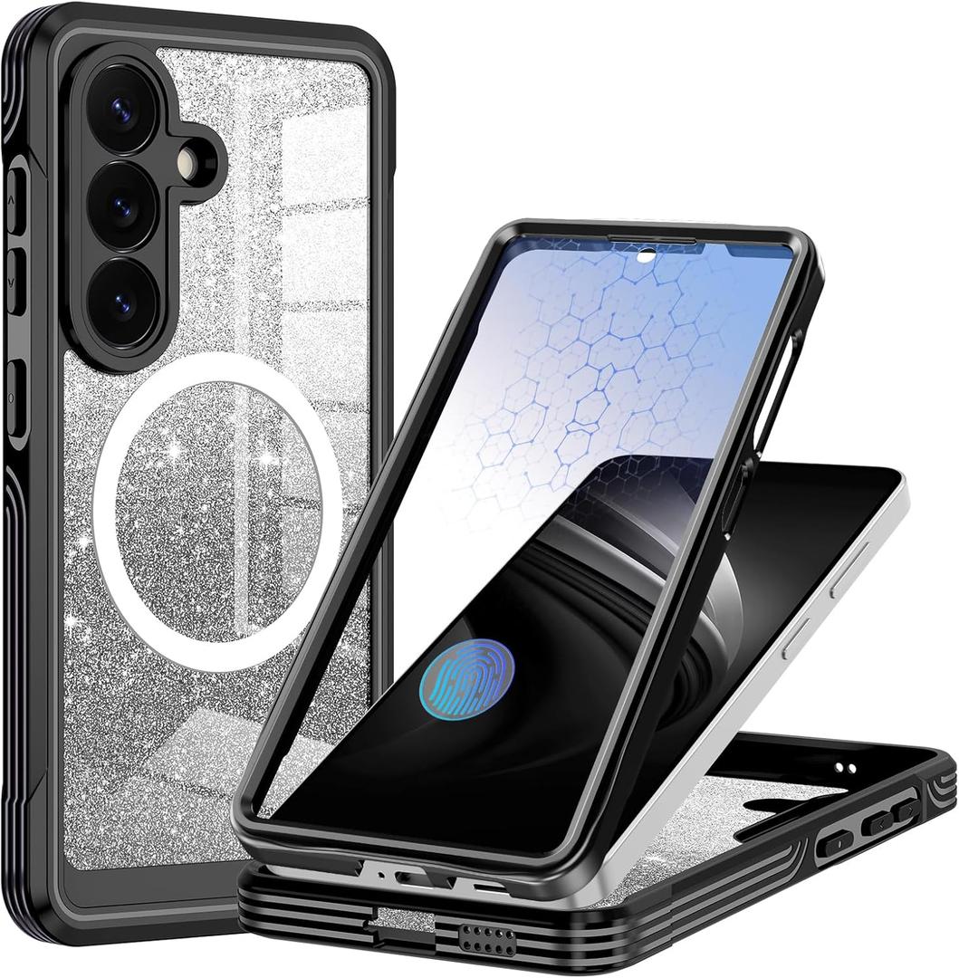 Hekodonk for Galaxy S26 Case Magnetic,[Compatible with Magsafe][Built-in Tempered Glass Screen Protector] [Glitter Card] Full Body Bling Case for Samsung Galaxy S26,Black