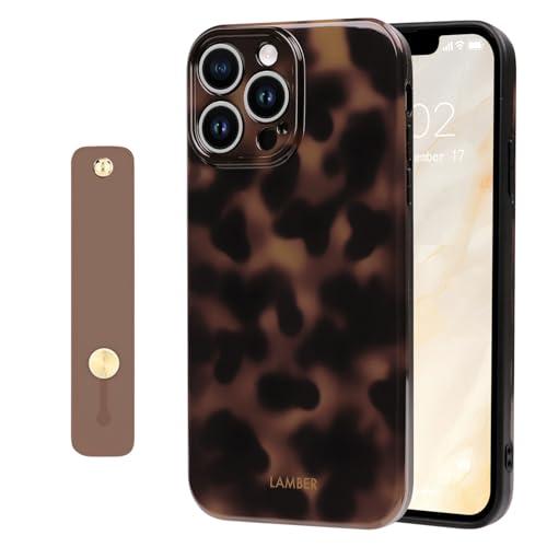 NITITOP Compatible with iPhone 14 Pro Max Case with Wrist Strap Cute Stylish Leopard Aesthetic Tortoise Amber Design for Women Girls Men Soft TPU Shockproof Protective Cover - Brown