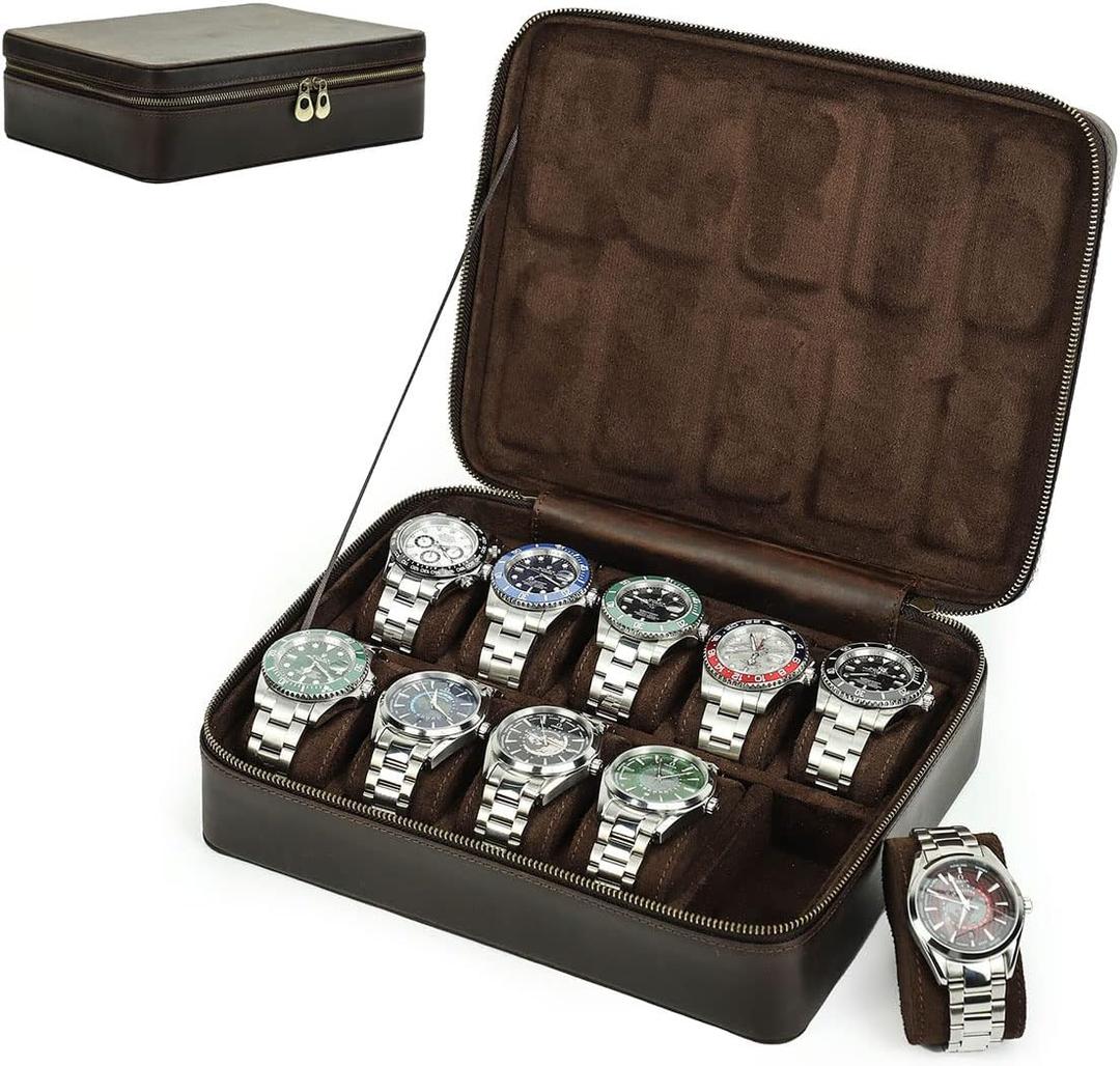 CONTACTS 10 Watch Case Leather Travel Watch Box, Crazy Horse Leather Zipper Watch Roll Organizer for Men Watch Display Protector Pouch Watch Collector