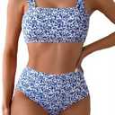Fanuerg Women's High Waisted Bikini Sets Wide Straps Two Piece Swimsuit Floral Print Bathing Suits Medium