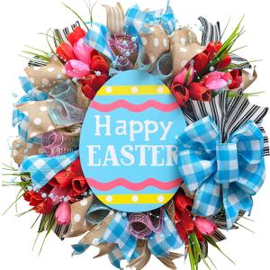 18" Easter Mesh Wreath for Front Door Artificial Flower Wreath with Happy Easter Wooden Board Bows for Spring Farmhouse Holiday Hanging on Home Indoor Outdoor Front Door Wall Decorations