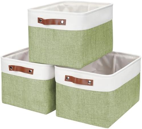 Bagnizer Storage Bins Large Fabric Storage Baskets for Shelves 3 Pack, Decorative Linen Closet Baskets with Handles for Organizing, Shelf, Clothes, Home, Office, 15x11x9.5Inches (Green&White)