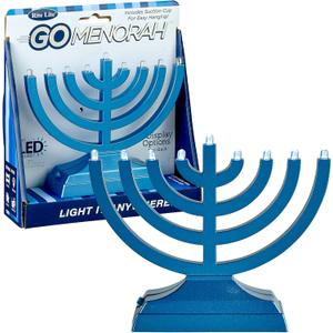 Rite Lite Go Mini Metallic Light Blue Electric Menorah - Chanukah Jewish Holiday Party Favors Decorations Judaica Festival of Lights Modern Hanukkah Gifts Press Button to Turn On JRN-600-MB
