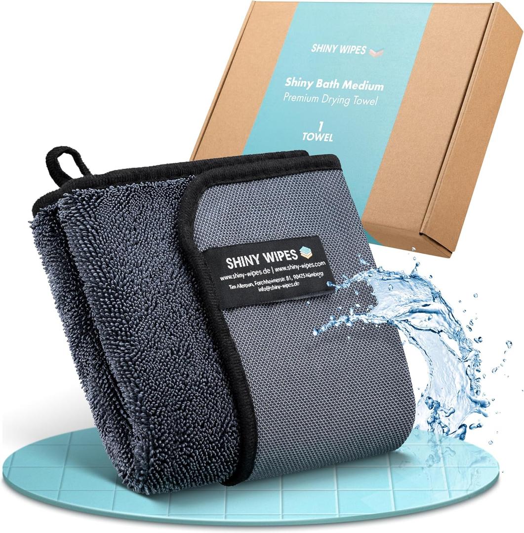 Shiny Wipes Medium Drying Towel, The Original, 12x16in/30x40cm, Ultra Absorbent Twisted-Loop Design, Streak-Free Towel Cloth for Shower, Household, Car, No Streaks or Limescale (1 Towel)
