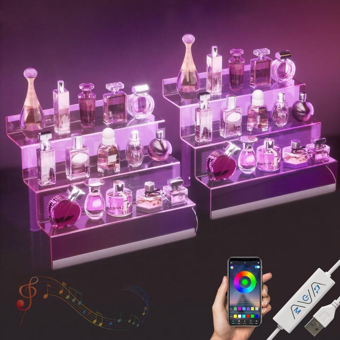12 Acrylic Display Organizer with LED Light - 3 Tier Perfume Stand and Display Step Shelves Holder, Cologne Organizer for Men, Figures Stand, Porta Perfumes Para Tocador, Clear Riser, 2 Pack Stands