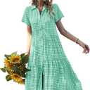 chouyatou Women's Summer Flutter Sleeve Midi Long Gingham Dress Plaid Button Down Shirt Dress (Green, XL)