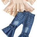 Kucnuzki Toddler Baby Girls Clothes Long Sleeve Shirt Top Flare Denim Jeans Cute Outfit Baby Girl Fall Winter Clothes (6-12 Months)