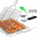 Fish Grilling Basket, Folding Portable Stainless Steel BBQ Grill Basket for Fish Vegetables Shrimp with Removable Handle, Come with Basting Brush and Storage Bag