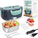 Electric Heated Lunch Boxes Adults: 80W Electric Lunch Box Food Heated 12/24/110V 1.5L Heatable Lunch Box for Car/Truck/Office Leak-Proof Stainless Steel Container, Fork & Spoon, Bag (Grey+Green)