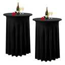 Albassa 2 Pack Cocktail Table Covers 32"x 43" Spandex Stretch Round Cocktail Tablecloths with Wavy Drapes Fitted High Top Bar Table Skirt for Wedding Party Banquet (Black, 2 PCS)
