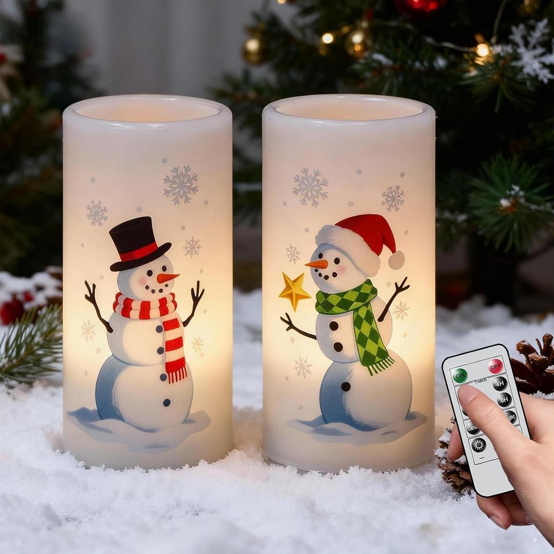 Eldnacele Christmas Snowman Flameless Candles Battery Operated with Remote and Timer Real Wax Flickering LED Pillar Candles Xmas Holiday Indoor Decor(2 Pack, 3" D x 6" H)