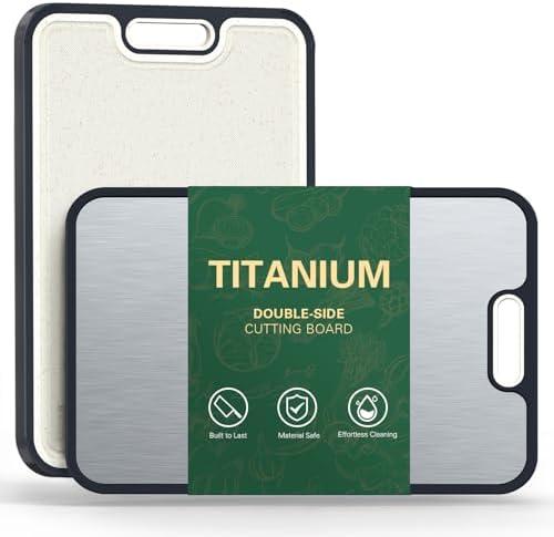 Titanium Cutting Board, Double-Sided Titanium & Straw Plastic Cutting Board, Durable Titaniums Cutting Boards for Kitchen with Deep Juice Grooves & Built-in Handles, Ideal Kitchen Gifts-Black