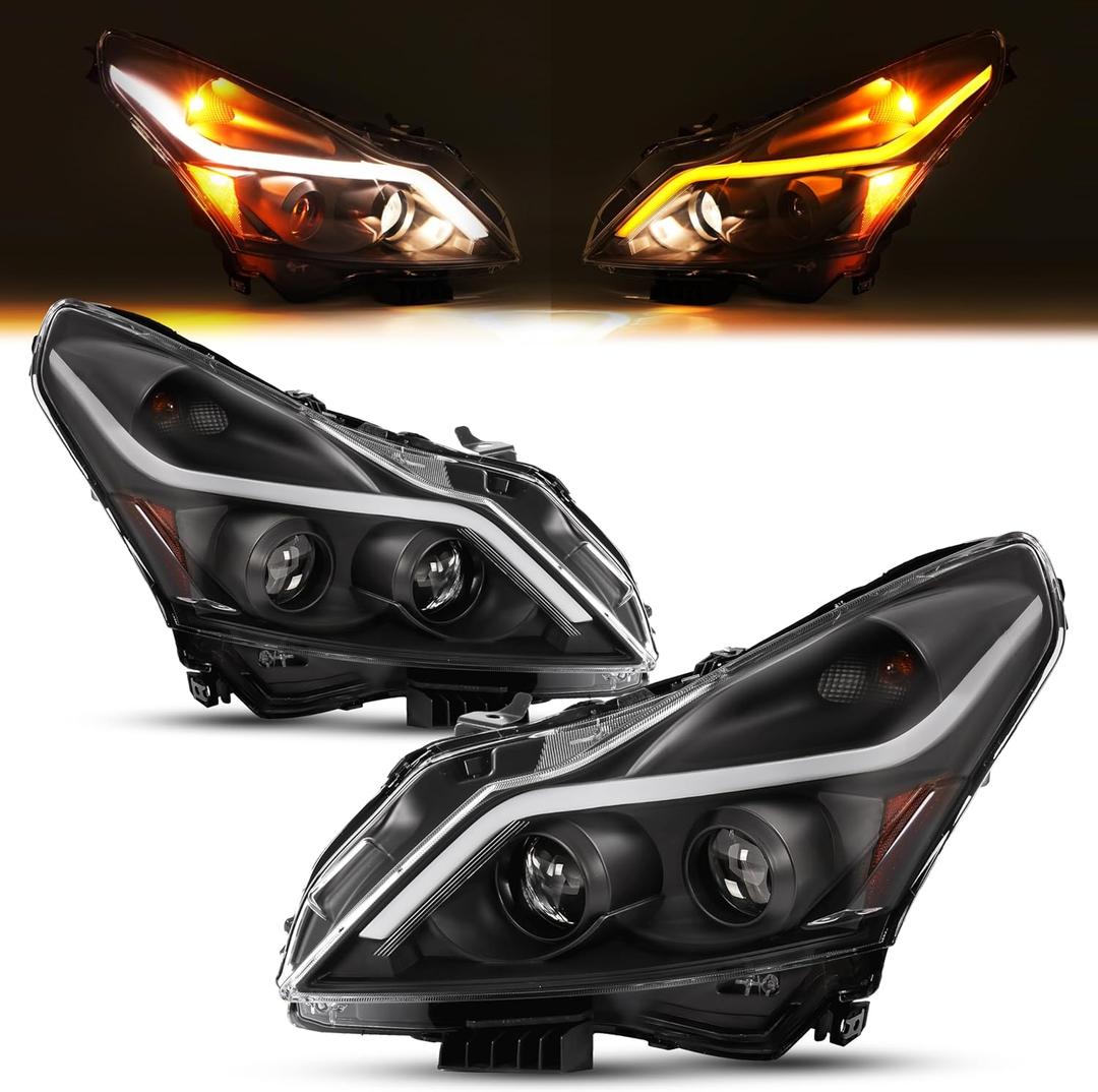 ALMULOO Pair Projector Headlights Compatible with 10-13 Infiniti G37 & 11-12 G25 & 15 Q40 w/Sequential LED Tube Bar DRL Headlamp Assembly Clear Lens+Black Housing Replacement for IN2503140 IN2502140
