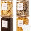 4 Pack Square Glass Pantry Storage Containers with 132 Kitchen Food Pantry Labels - 34 floz Clear Glass Pantry Jars with Airtight Wood Bamboo Lids - Glass Canisters for Tea, Cereal, Coffee, Spice