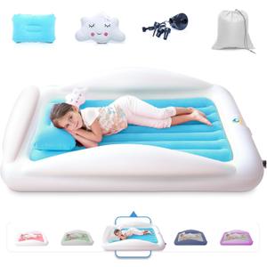Sleepah Inflatable Toddler Travel Bed Portable Kids Air Mattress Set w Safety Bed Rail Guards for Kids & Toddlers  Set Includes Pump, Carry Case, Pillow & More - Perfect Transitional Cot Aqua