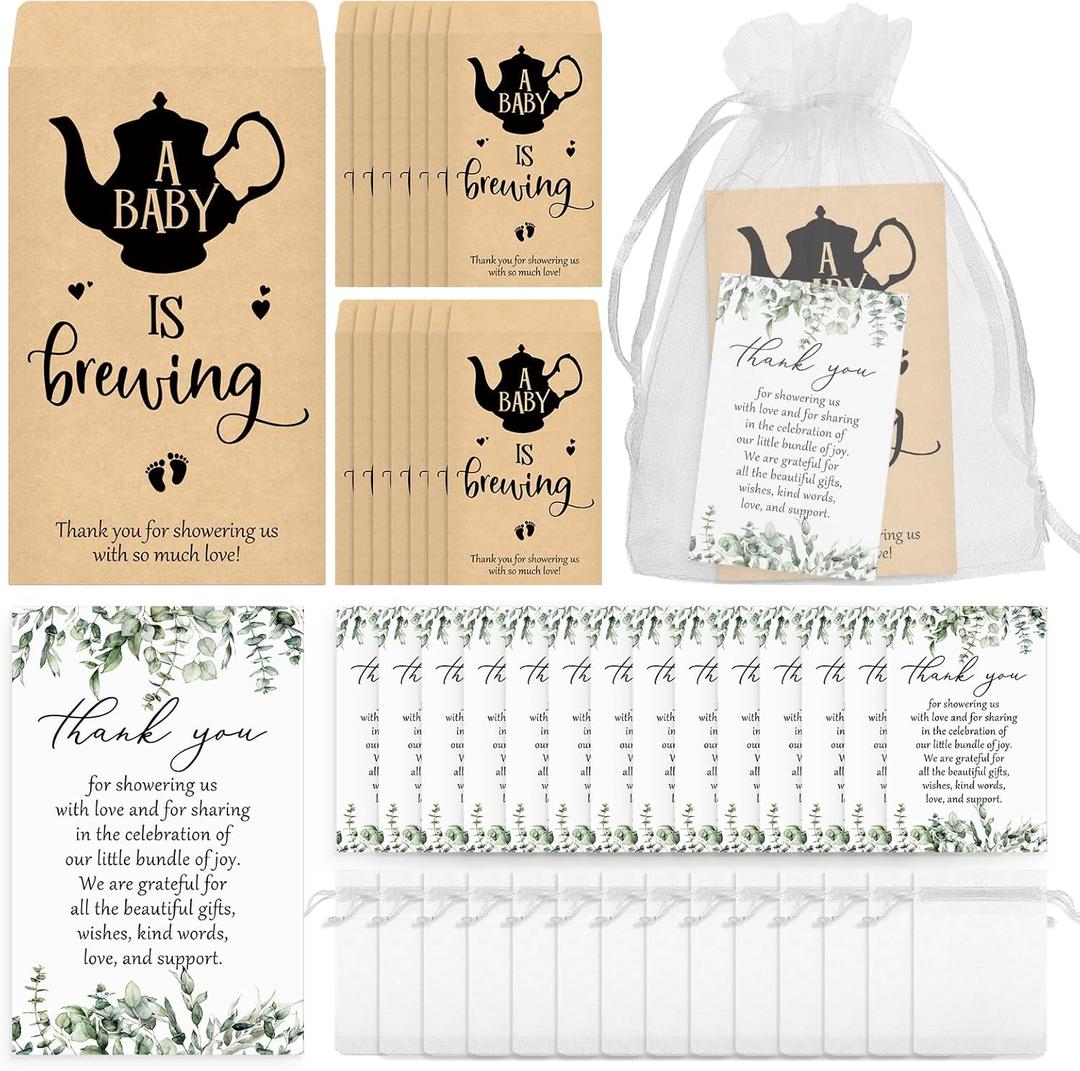 Tea Party Baby Shower Decorations Include 50 a Baby Is Brewing Tea Bags 50 Thank You Cards Bags Party Favor Guest Return Thank You Gifts for Guests(Eucalyptus Leaf)
