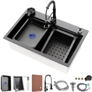 29.5 x 17.7 inch Kitchen Sink, Single Bowl Stainless Steel Sink Multifunctional Drop In Sink with Pull-Down Faucet and Multiple Accessories (29.52 * 17.7 inch)
