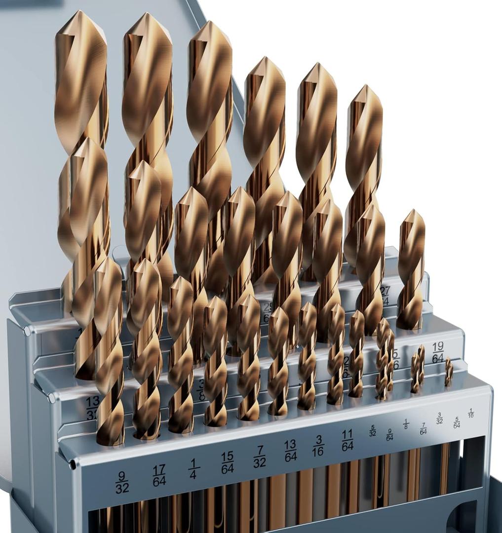 Cobalt Drill Bit Set, 29Pcs M35 High Speed Steel Bits for Hardened Metals, Stainless Steel, Cast Iron and Wooden Plastics, with Metal Index Storage Box, 1/16"-1/2" Cobalt Drill Bit Set, 29Pcs M35 High Speed Steel Bits for Hardened Metals, Stainless Steel, Cast Iron and Wooden Plastics, with Metal Index Storage Box, 1/16"-1/2"
