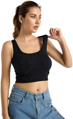 Women Rib Tank Top Padded Workout Top Square Neck Crop Tank Fitted Basic Cami Tops (X-Large, Black)
