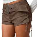Floerns Women's Faux Leather Lace Up Side Low Rise Waist Mini Shorts Buckled Belt Western Y2k Suede Shorts, Brown, XS