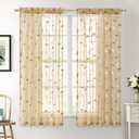 MIULEE Khaki Sheer Curtains 2 Panels Embroidered Leaf Patterned Rod Pocket Floral Semi Sheer Faux Linen Short Window Curtains Drapes Set for Kitchen Living Room Bedroom, 52x54 Inches Length