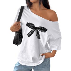 Women's Off The Shoulder Tops Floral Graphic Oversized Tshirts Shirts Y2k Summer Tops Trendy (Small, White Bow)