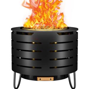 Portable Outdoor Fire Pit Set, 19 Inch Stainless Steel, Silver, Classic Style, Wood Burning, Low Smoke, Includes Fire Poker, Stand, Cloth Cover, Grill Rack (Black)
