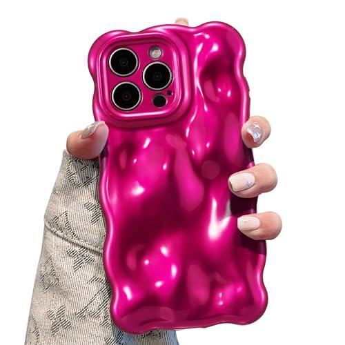 UEEBAI Ripple Case for iPhone 13 Pro Max, Cute Silver Cover Wave Shape for iPhone Case Pretty Aesthetic 3D Phone Cover, Water Ripple Shell 3D Chrome Design for Women and Girl, Hot Pink