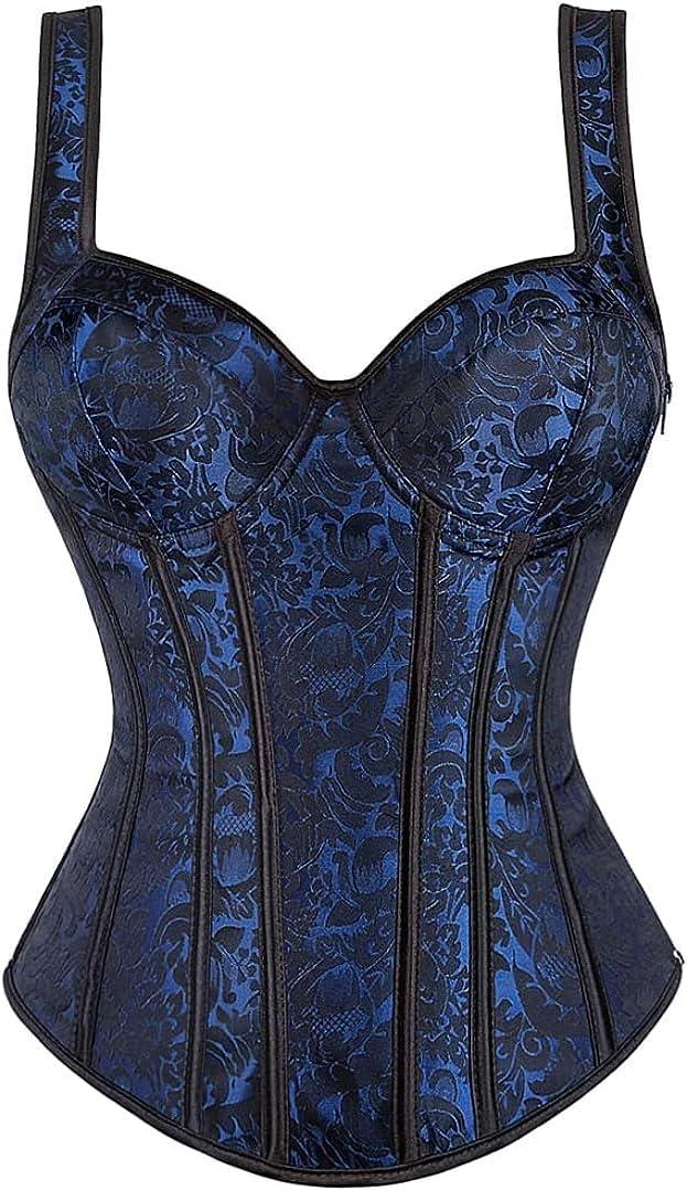 Women's Lace up Gothic Jacquard Shoulder Straps Tank Overbust Shaper Corset Bustiers Top (X-Large, Blue)