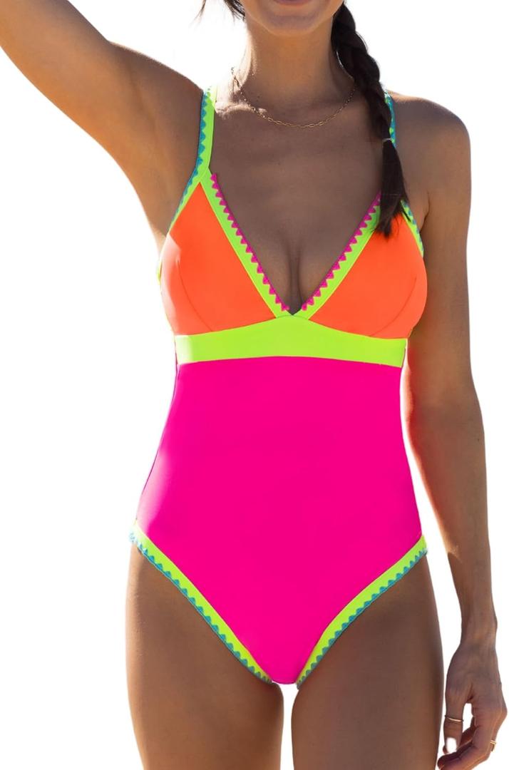 popvil One Piece Swimsuit 2025 Tummy Control Women Bathing Suit Shapewear Swimsuits Slimming Neon Cute Tie Back Swimwear (M)