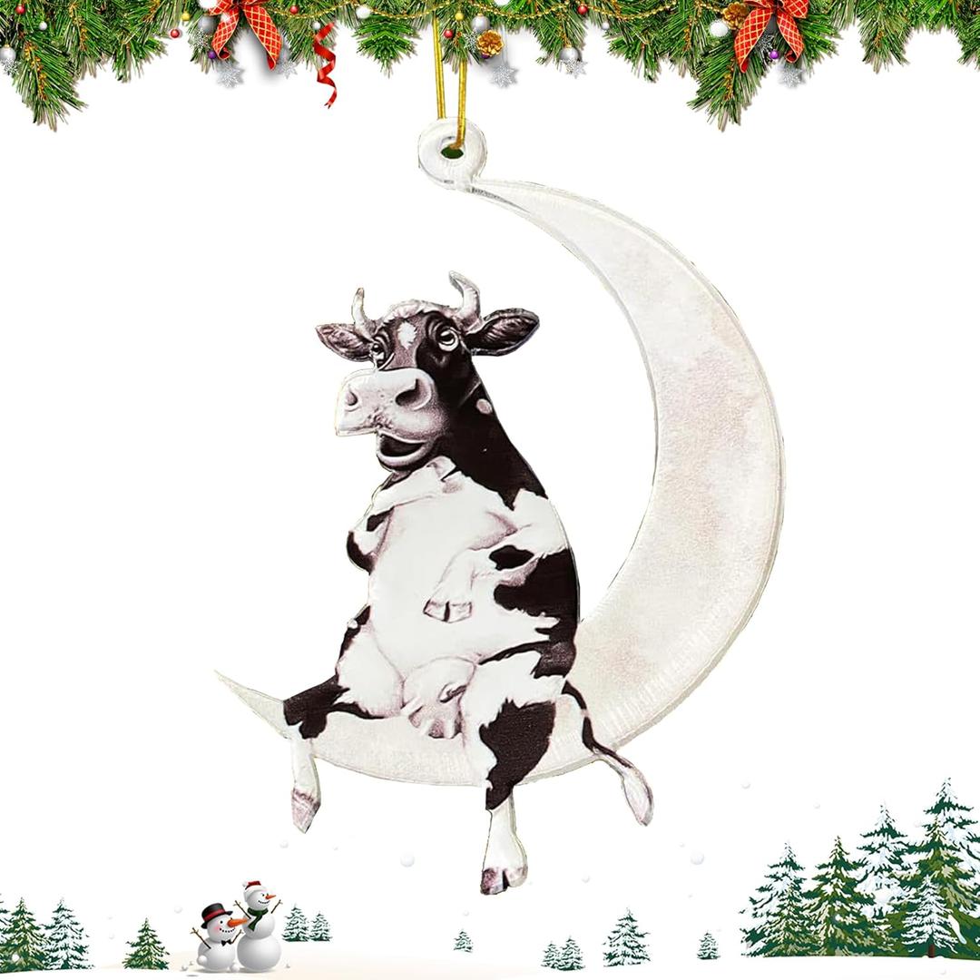 5 x Christmas Tree Decorations, Acrylic Christmas Tree Ornaments, Double-Printed Animal Hanging for Christmas Tree, Home Decor, Children's Gifts (Cow)