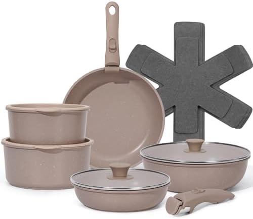SODAY 15Pcs Pots and Pans Set Non Stick, Cookware Sets with Detachable Handle, Nonstick RV Kitchen Cooking Tools Removable Handles, Oven Safe, Induction Fast, Stackable Induction Cookware, Brown