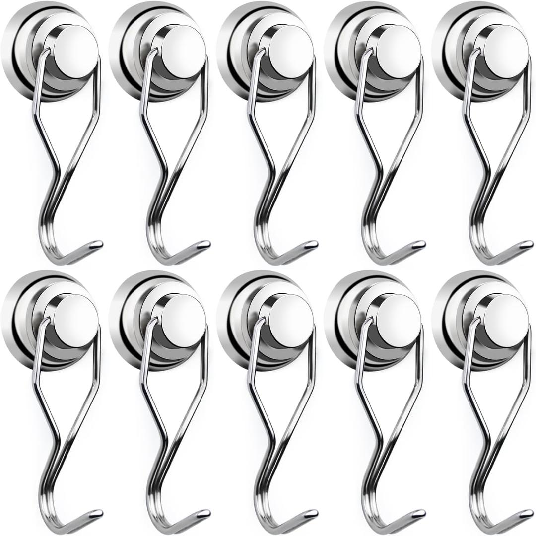 E BAVITE Magnetic Hooks,80LB+ Magnet Hooks Heavy Duty with Swivel Swing 10 Pack Strong Neodymium Magnetic Hook for Cruise Cabins Refrigerator Hanging Garage Workshop Office and Kitchen Silver