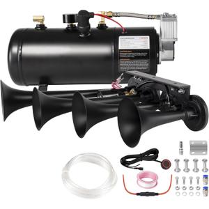 Super Loud Train Horns Kit,180dB Four Trumpet Truck Horns with 150 PSI Air Tank,12V Air horn with 0.8 gallon Air Compressor Can for Truck, Jeep,Pickup,SUV (Black truck parallel horn kit)