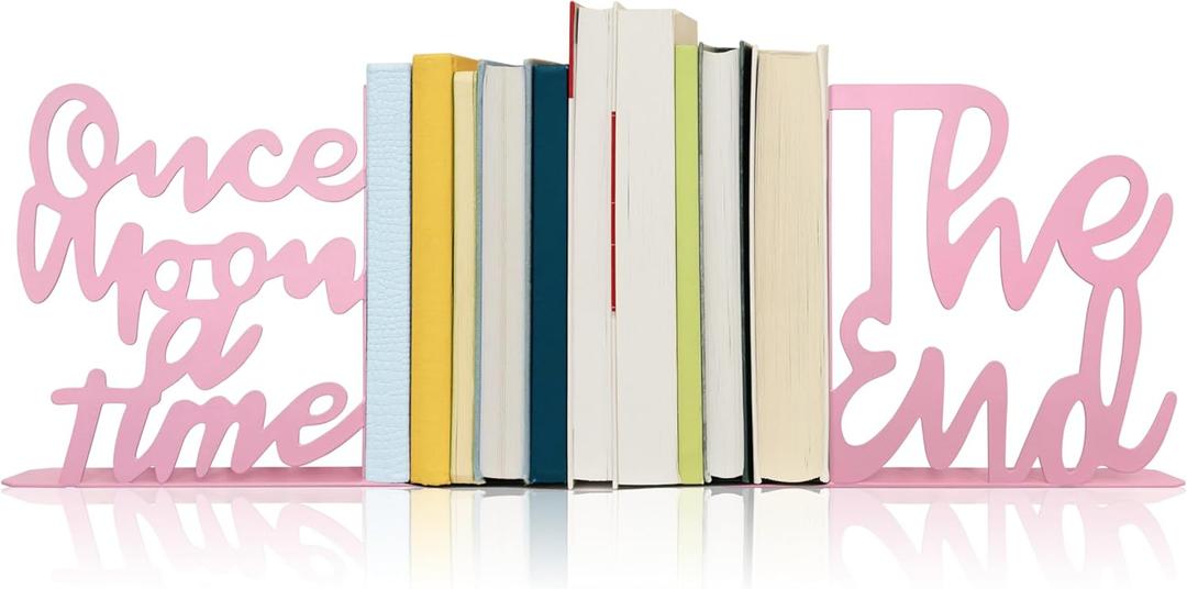 Once Upon A Time Bookends,Metal Decorative Bookends,Once Upon A Time Sign for Bookshelf, Reading Nook, Daycare, Classroom Bedroom Home Office Nursery Decor,Birthday Gift for Boys and Girls (Pink)