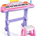 deAO Piano Keyboard Toys 37 Keys Toddler Pianos with Stool Microphone,Pink