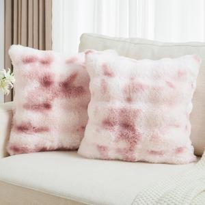 FUTEI Pink White Decorative Throw Pillow Covers 20x20 Inch Set of 2,Soft Fuzzy Faux Rabbit Fur Cushion Covers with Raised Texture,Neutral Boho Home Decor for Couch Bed Living Room