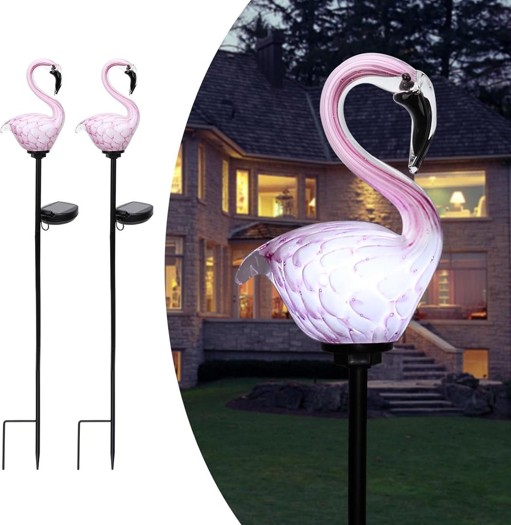 Afirst Solar Outdoor Decorative Lights - Flamingo Handblown Glass Garden Stakes 4" W 2 Pack