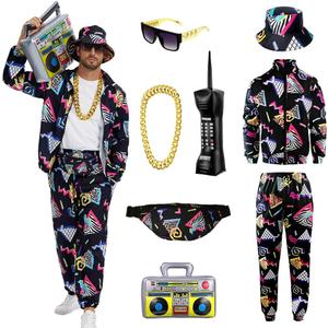 Retro 80s 90s Outfit for Men - 8-Piece Vintage 80s Halloween Costumes for Men-Tracksuit Set with Hip-Hop Accessories (Small, Black)