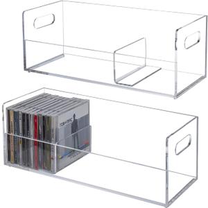 MyGift Modern Premium Clear Acrylic Stackable CD Holder Racks with Cutout Carrying Handles, Compact Disc Jewel Case Display Crates, Media Storage Organizers, Set of 2