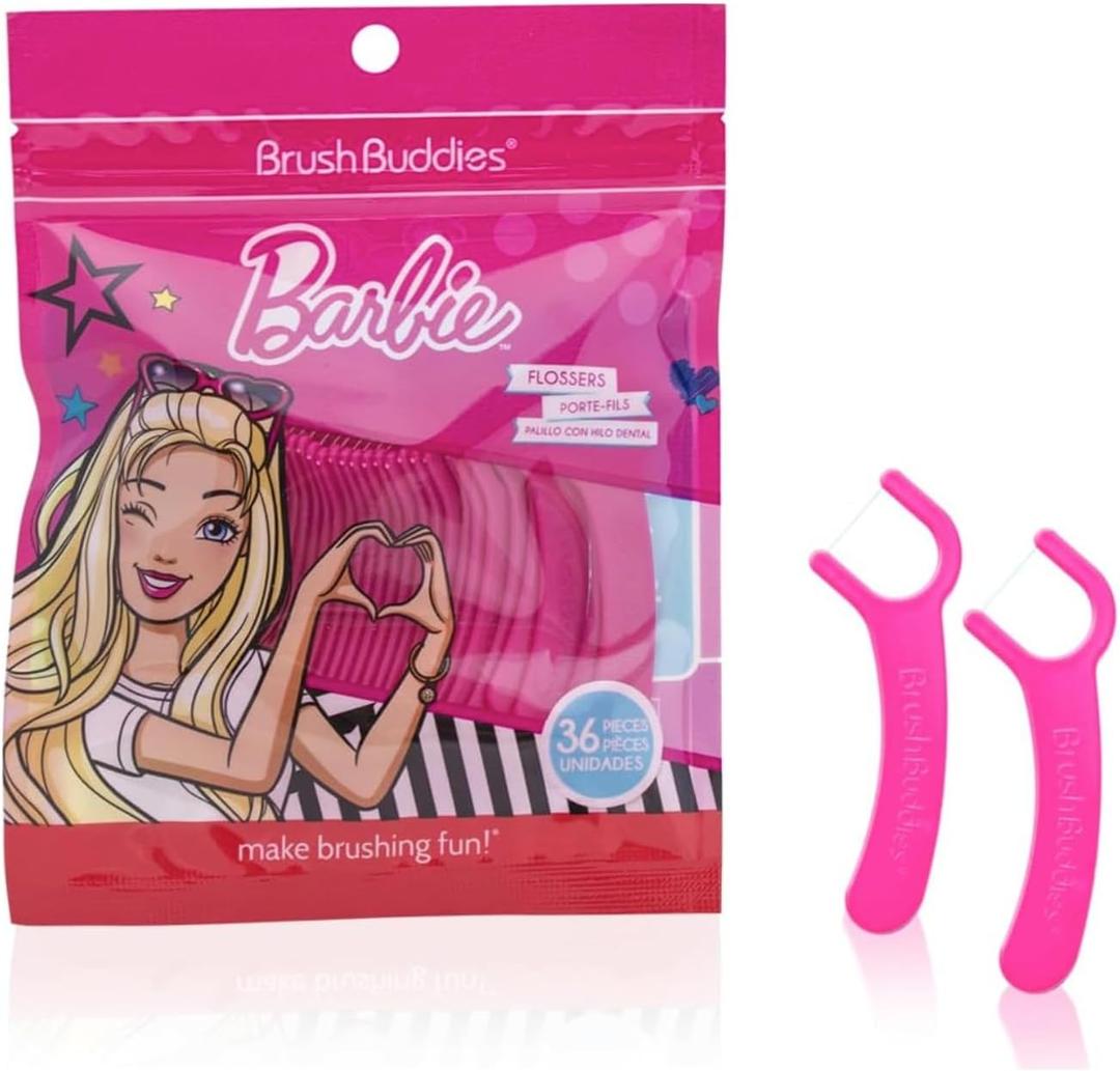 9 x Brush Buddies Barbie Kids Flossers, 36 Count, Pink Dental Floss Picks for Children, Bubble Gum Flavor, Fun Oral Care, Easy Grip, Tooth Cleaning, Toddler Dental Flossers, Barbie Themed.