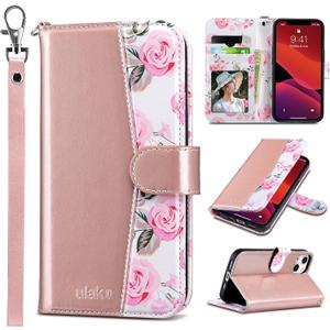ULAK Compatible with iPhone 13 Wallet Case, Women PU Leather Shockproof Protective Folio Flip Cover with Card Holder Kickstand 6.1 inch, Pink Flower (Rose Gold)