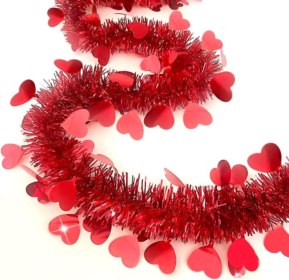 66 Ft Valentine's Day Tinsel Garland Shiny Thick Tinsel Valentines Decorations Metallic Twist Foil Red Heart Ornaments for Anniversary Wedding Parade Floats Holiday Indoor Outdoor Decor Supplies