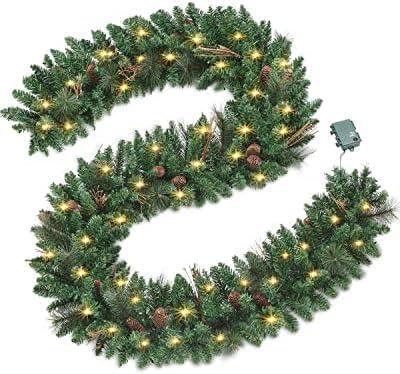 9FT Christmas Garland with Pine Cones, Prelit Christmas Garland Greenery Outdoor Lighted Pine Garland, Mantle Garland Christmas Holiday Decoration Indoor (Pinecone, 9ft)