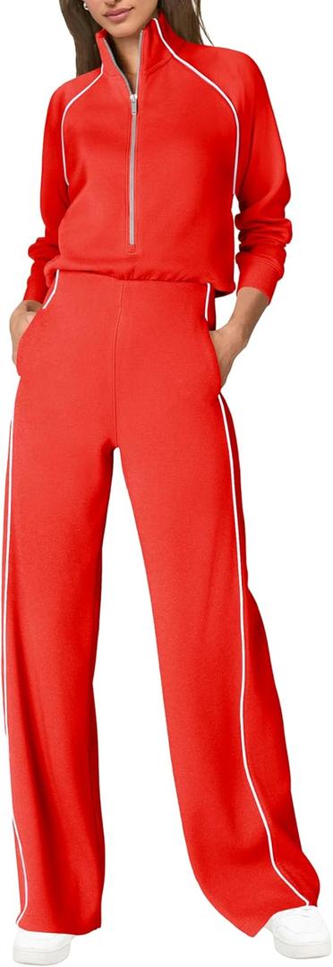 SENSERISE Womens Jumpsuits Casual Long Sleeve One Piece Jumpsuit Wide Leg Mock Neck Airport Travel Outfits with Pockets (Medium, Red)