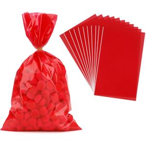 Diueoly Red Cellophane Treat Bags, 100 PCS Clear Red Candy Bags, 6x9 Inch Plastic Clear Cookie Goodie Bag Gift Snack Treat Bag for Christmas Valentines Weddings Birthday Party Favor Supplies