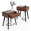 HAIOOU Nightstand with Charging Station Rattan Drawer, Mid Century Modern Side Table, End Beside Table with Pine Wood Legs Storage for Bedroom Living Room