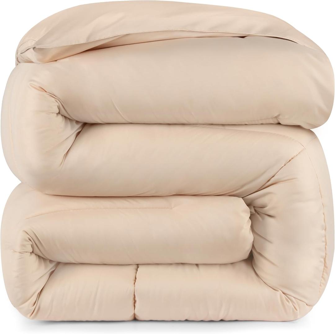 3 Piece Cotton 500 GSM Twin XL Box Stitched Comforter Set Beige Solid Comforter Set with 2 Pillowcase