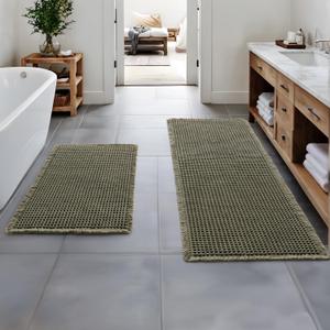 MIULEE Set of 2 Waffle Bathroom Rugs, Boho Bath Rugs Non Slip Washable, Super Absorbent Bath Mats, Ultra Soft Rubber Backed Shower Mats for Bathroom Floor, Tub, Green, 17"x24"+17"x48"
